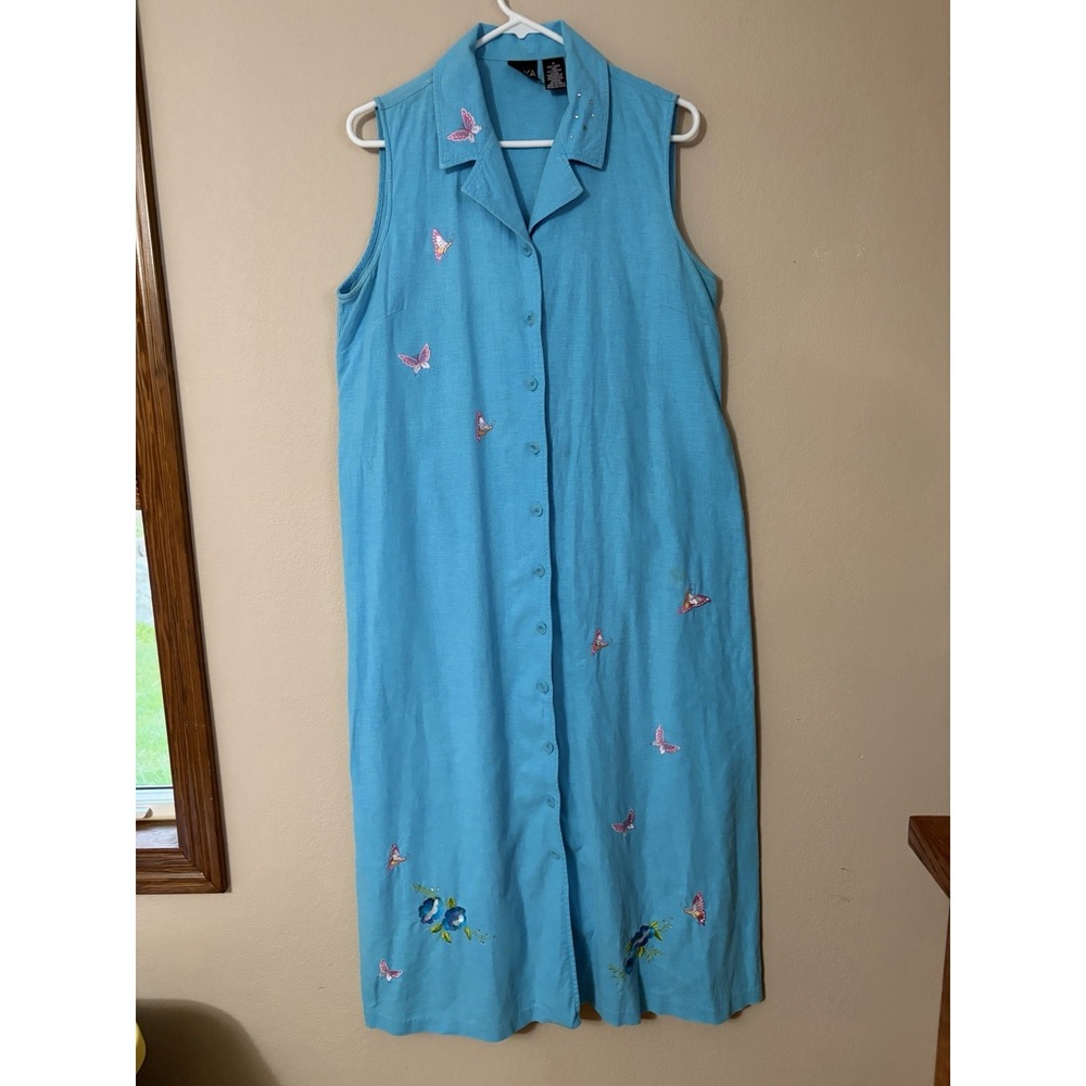 Vintage Erika Linen Blend Embroidered Butterfly Midi Shirtdress Blue Aqua 90s